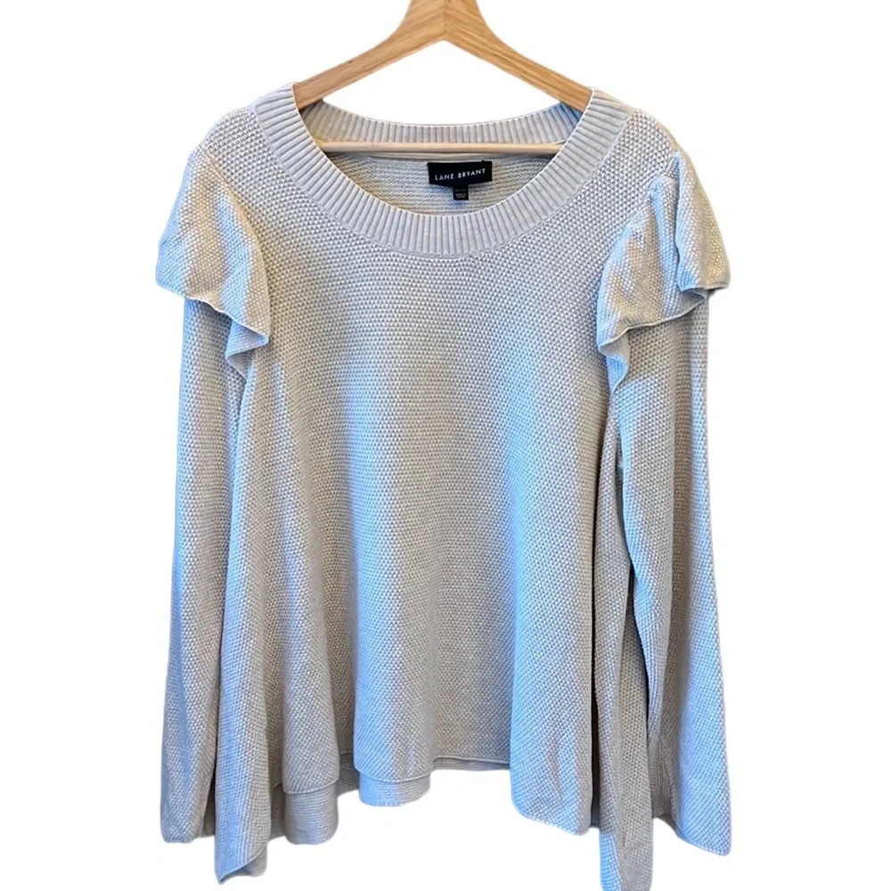 Lane Bryant 22/24 Light Weight Waffle Knit Oatmeal Sweater Top. Ruffle Sleeve